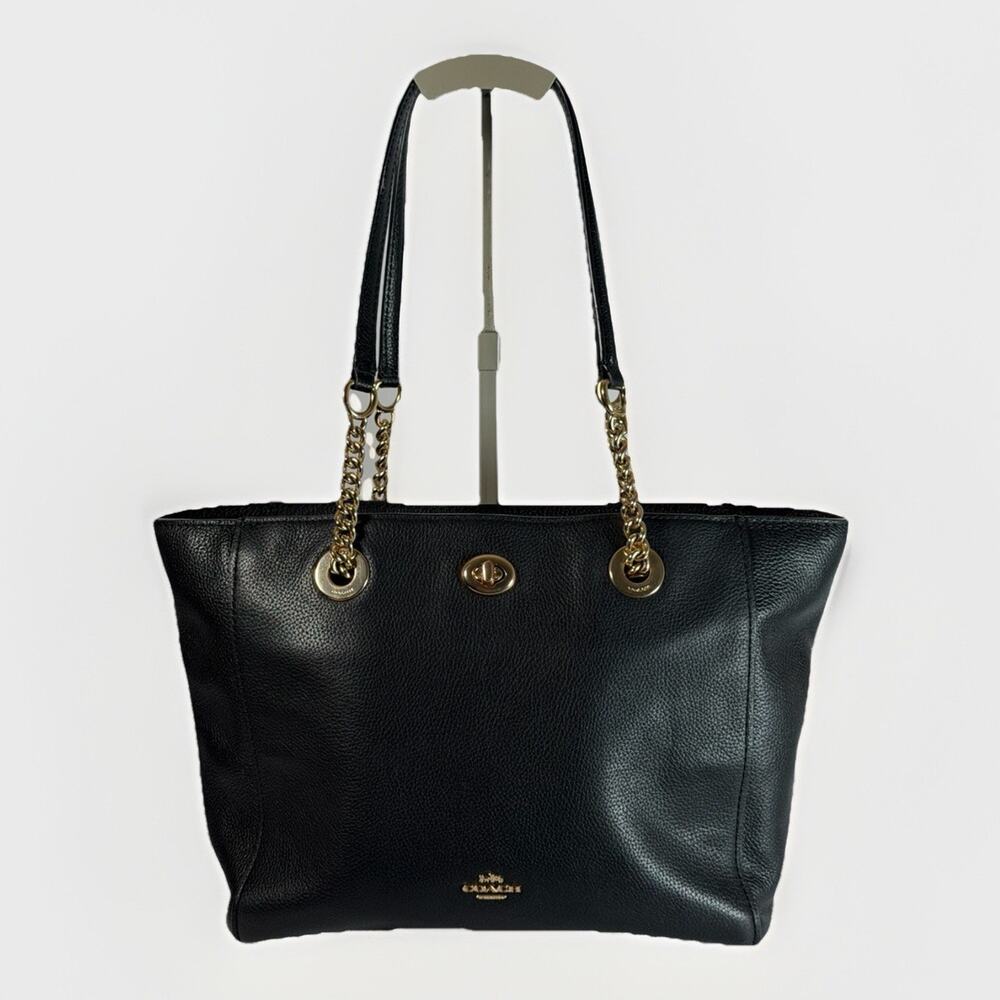 Coach Black Medium Pebbled Tote Zip Top Double Handles Gold Chain Strap